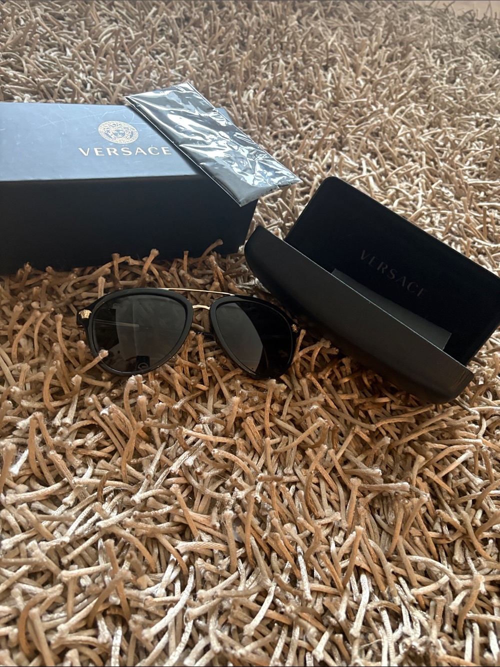 Versace Women’s Black Metal Aviator Sunglasses with Dark Lenses